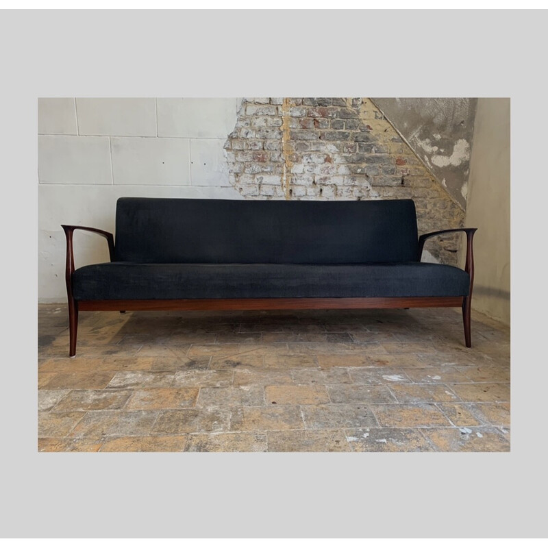 Vintage 3-Sitzer-Sofa aus schwarzem Stoff und exotischem Holz, 1960