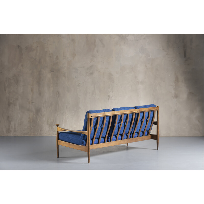 Vintage 3-seater sofa in teak and blue cushion, Denmark 1960