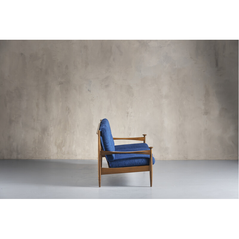 Vintage 3-seater sofa in teak and blue cushion, Denmark 1960