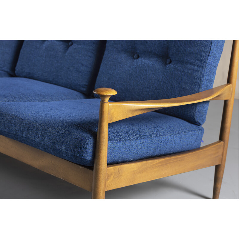 Vintage 3-seater sofa in teak and blue cushion, Denmark 1960