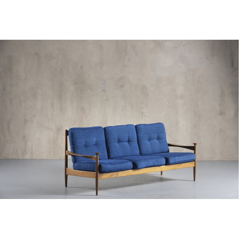 Vintage 3-seater sofa in teak and blue cushion, Denmark 1960