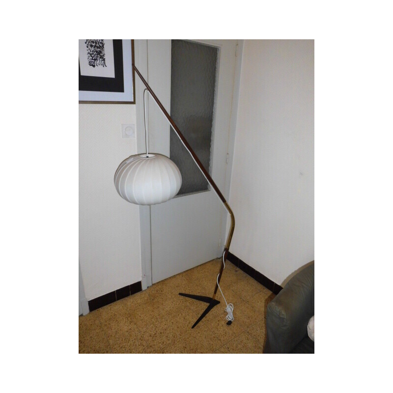 Vintage fishing rod shaped floor lamp in wood and brass by Svend Aage Holm  Sorensen for