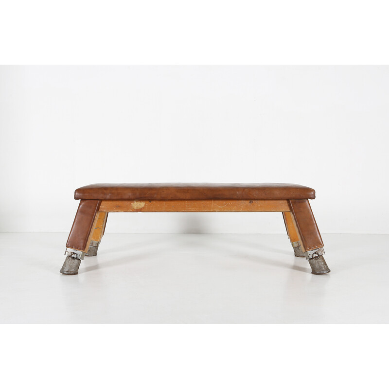 Vintage industrial bench seat in leather and wood,1930