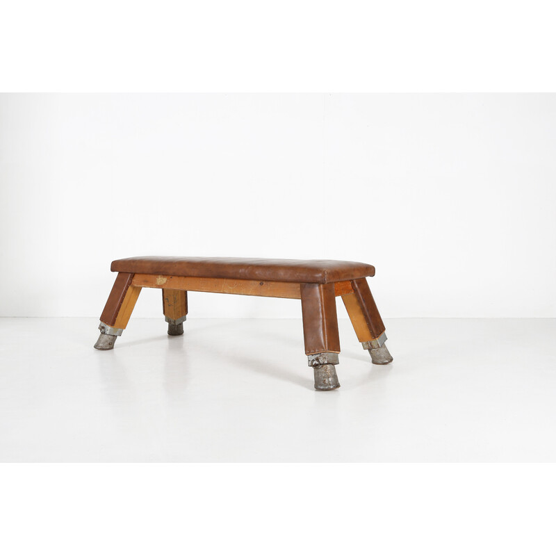 Vintage industrial bench seat in leather and wood,1930