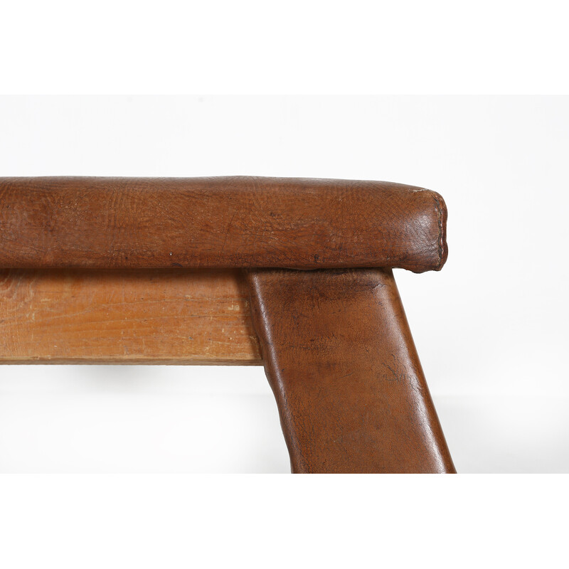 Vintage industrial bench seat in leather and wood,1930