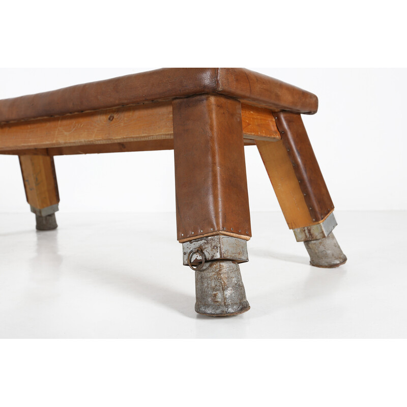 Vintage industrial bench seat in leather and wood,1930