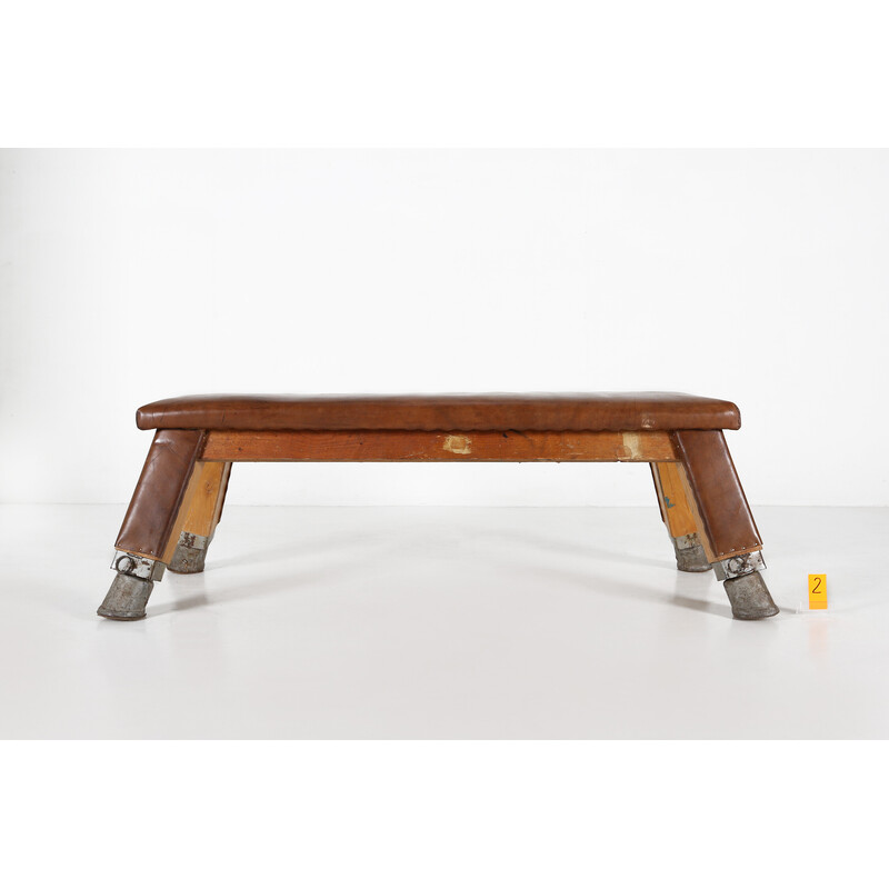 Vintage industrial bench seat in leather and wood,1930