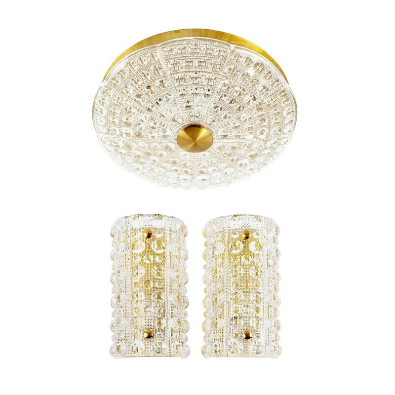Pair of vintage sconces with glass and brass ceiling light by Carl Fagerlund for Orrefors, Sweden 1960
