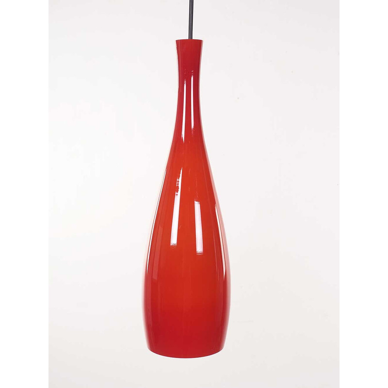 Vintage pendant lamp in red opaline glass by Jacob Bang for Fog and Morup, Denmark 1963