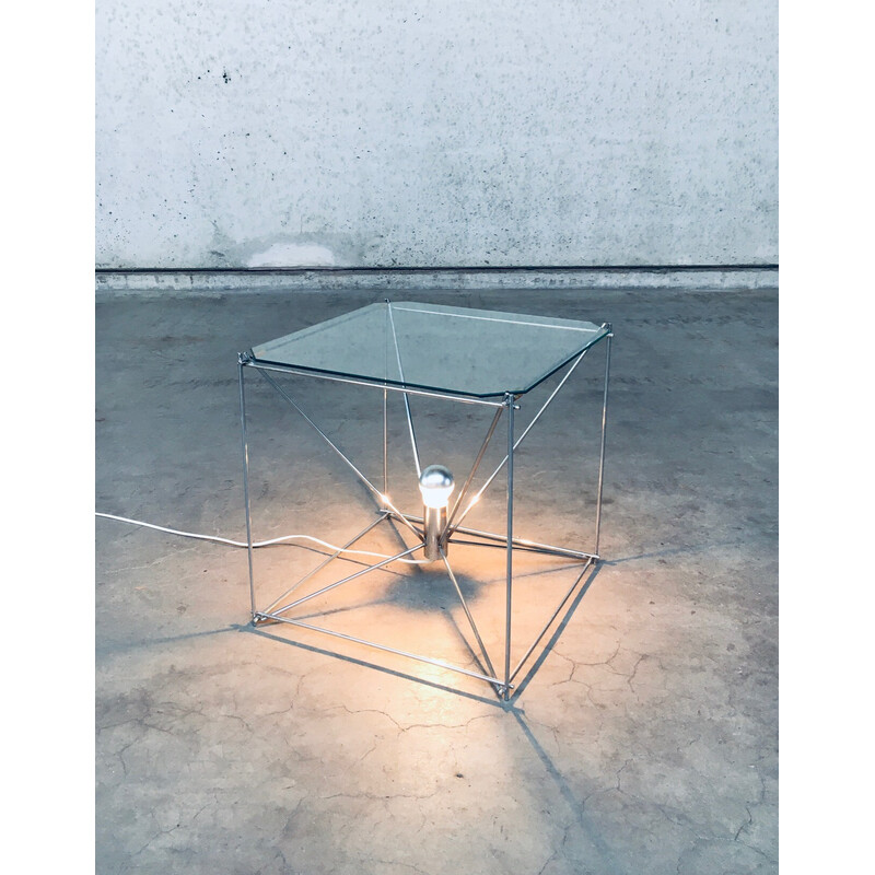 Lampe de sol vintage en métal chromé et plateau en verre taillé par Max Sauze, France 1960