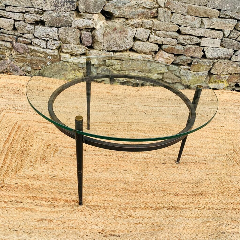 Vintage coffee table in black lacquered metal and glass by Roger le Bihan, France 1950