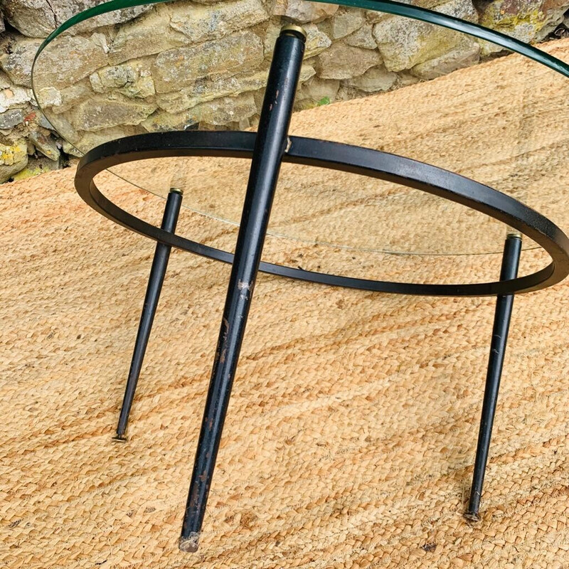 Vintage coffee table in black lacquered metal and glass by Roger le Bihan, France 1950