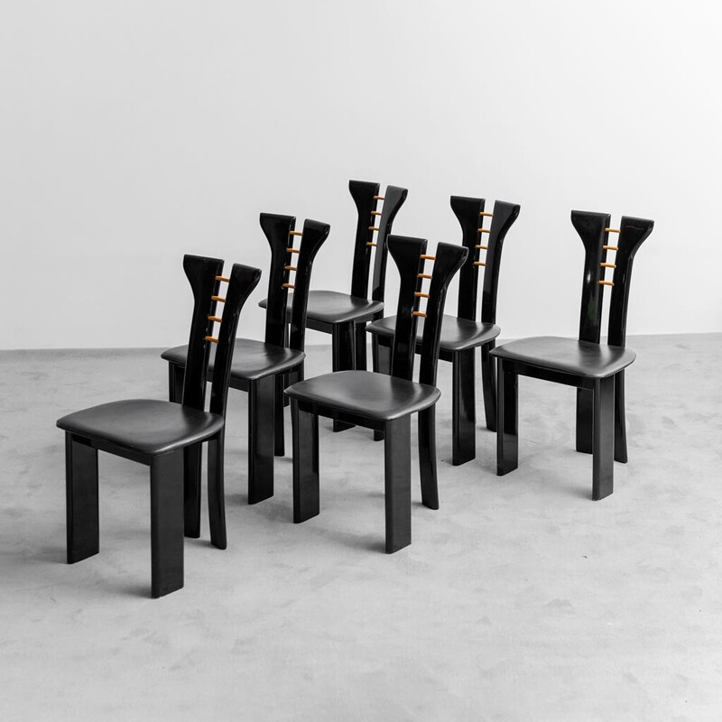 Set of 6 vintage chairs in black lacquered wood by Pierre Cardin for Roche Bobois, 1980