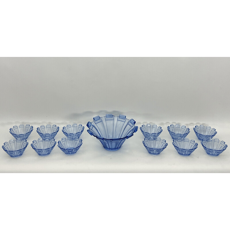 Ensemble de 13 bols de service vintage Art Déco en verre de Murano bleu, Italie 1930