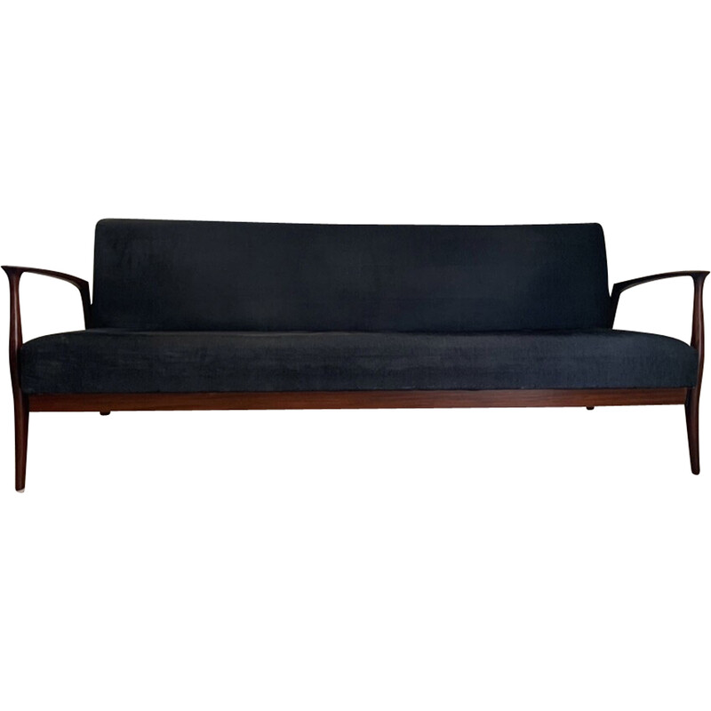 Vintage 3-seater sofa in black fabric and exotic wood, 1960