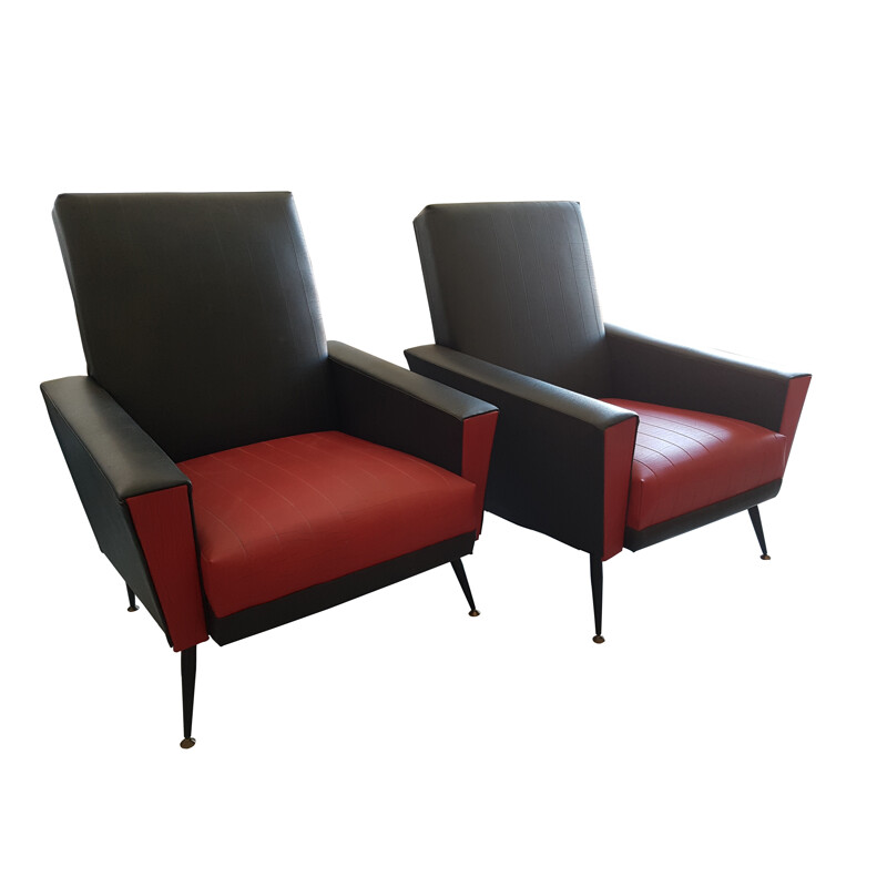 Pair of French black and red armchairs - 1950s