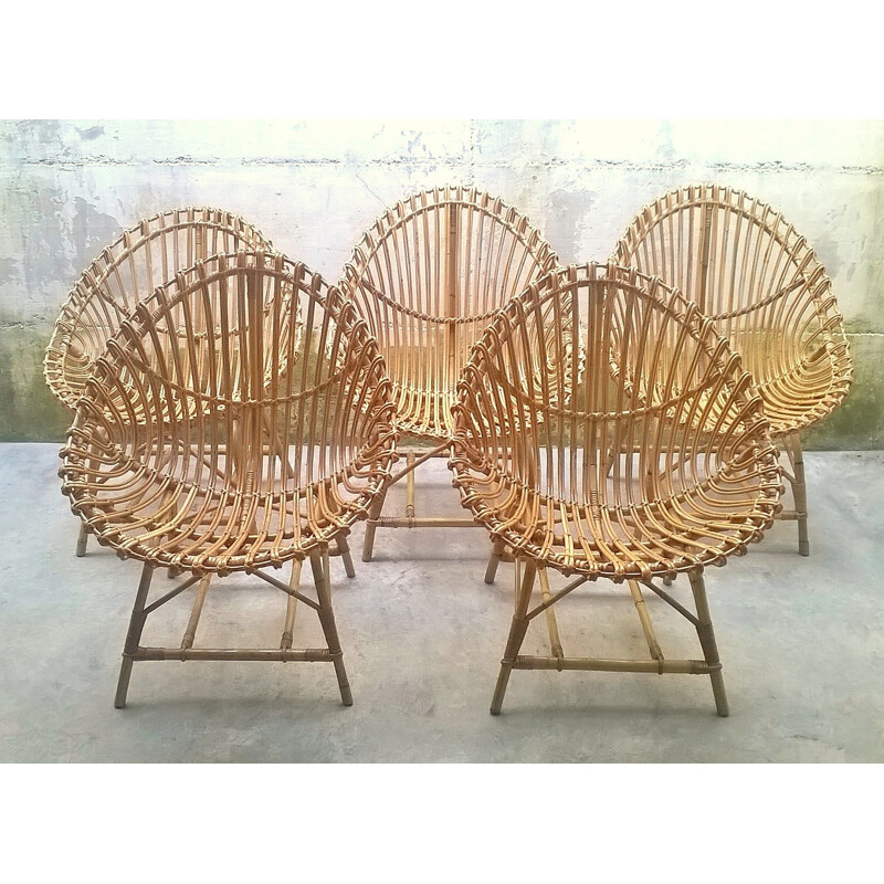 Set of 5 Rattan Egg Shaped chairs - 1950s