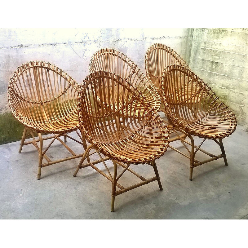 Set of 5 Rattan Egg Shaped chairs - 1950s