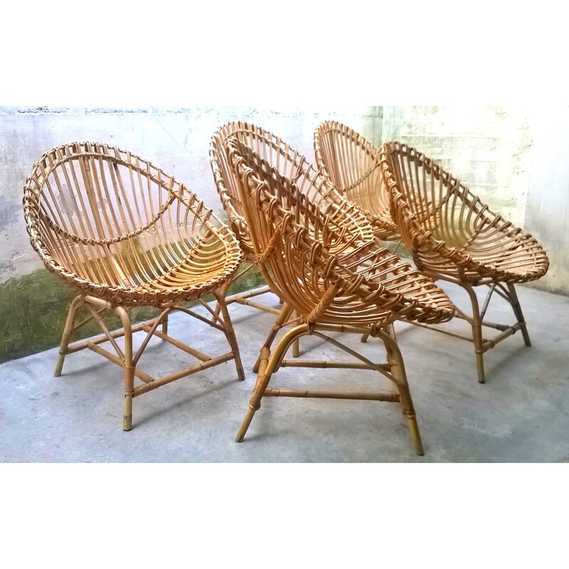 Ensemble de 5 fauteuils de jardin en rotin en forme d'oeuf - 1950