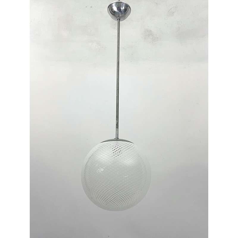 Vintage sphere pendant lamp in Murano glass and metal by Venini Reticello, Italy 1950