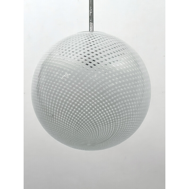Vintage sphere pendant lamp in Murano glass and metal by Venini Reticello, Italy 1950