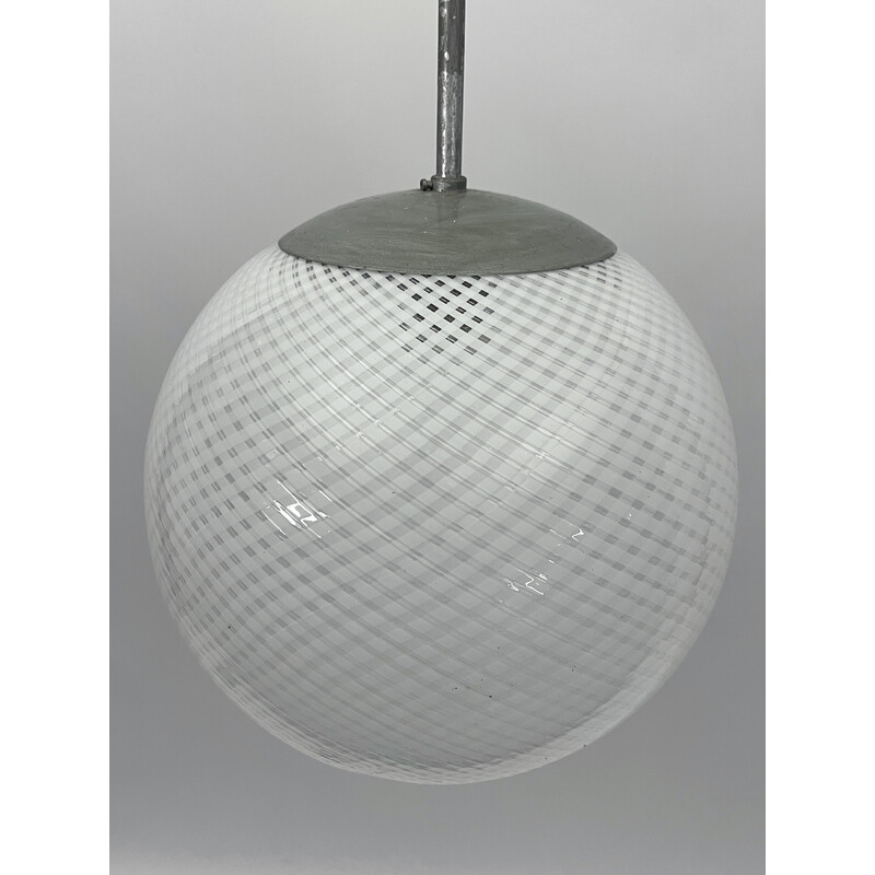 Vintage sphere pendant lamp in Murano glass and metal by Venini Reticello, Italy 1950