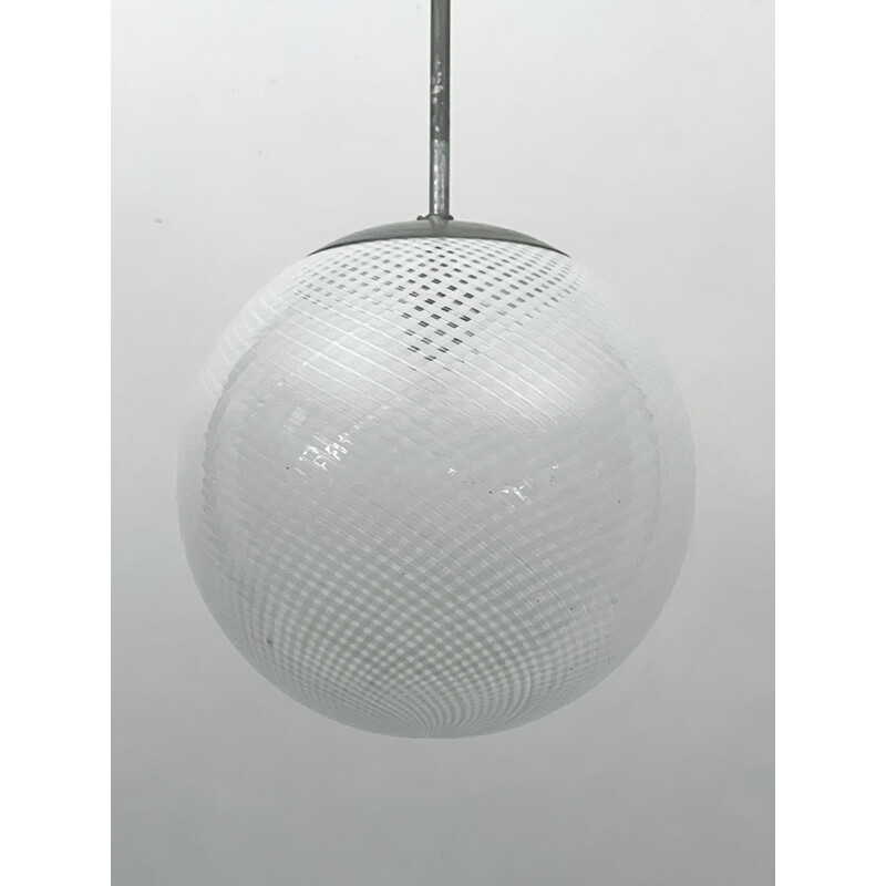 Vintage sphere pendant lamp in Murano glass and metal by Venini Reticello, Italy 1950