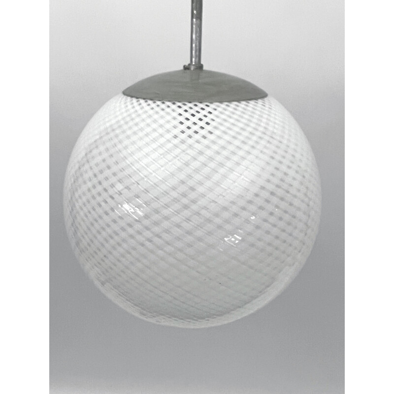 Vintage sphere pendant lamp in Murano glass and metal by Venini Reticello, Italy 1950