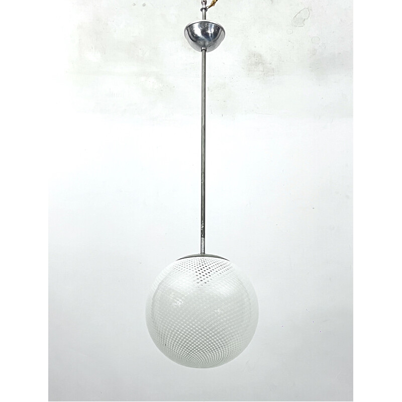 Suspension vintage sphère en verre de Murano et métal par Venini Reticello, Italie 1950