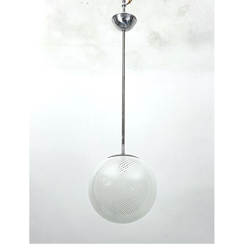 Vintage sphere pendant lamp in Murano glass and metal by Venini Reticello, Italy 1950