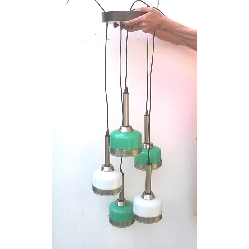 Lampada a sospensione in vetro di Murano bianco e verde per Vistosi, 1960