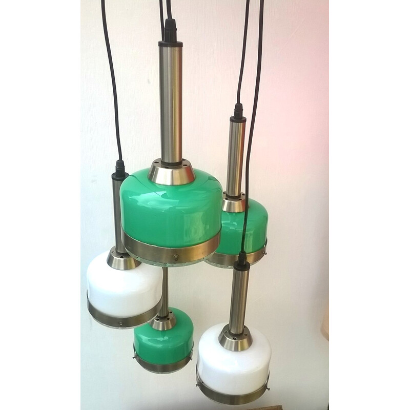 Lampada a sospensione in vetro di Murano bianco e verde per Vistosi, 1960