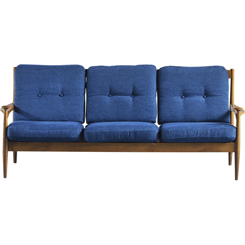 Vintage 3-seater sofa in teak and blue cushion, Denmark 1960