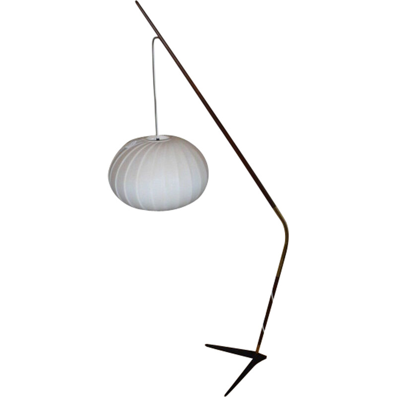 Vintage houten en koperen hengel vloerlamp door Svend Aage Holm Sorensen voor Sorensen et co, Denemarken 1950
