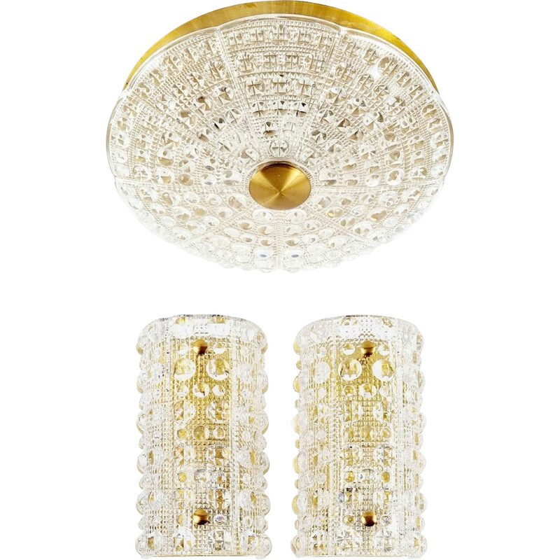 Pair of vintage sconces with glass and brass ceiling light by Carl Fagerlund for Orrefors, Sweden 1960