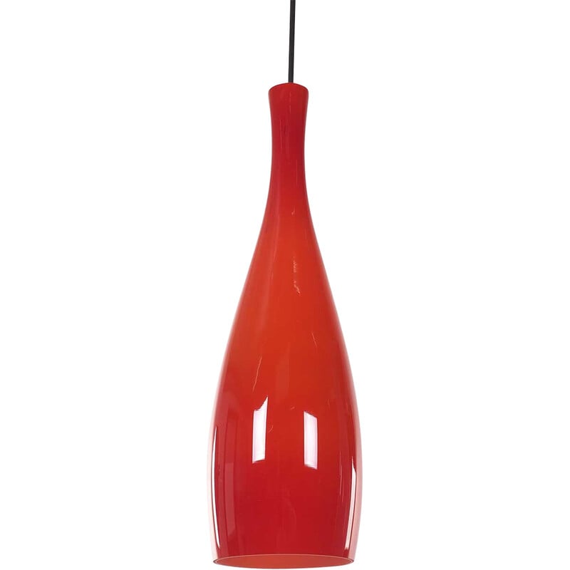 Vintage pendant lamp in red opaline glass by Jacob Bang for Fog and Morup, Denmark 1963