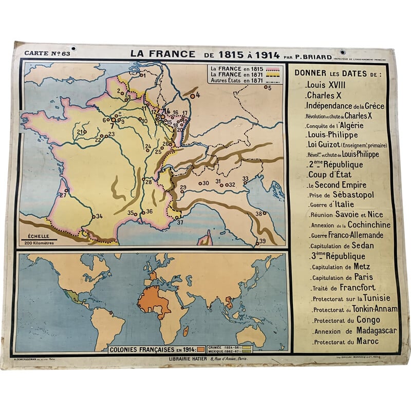 Carte géographique et historique vintage « la france de 1815 à 1914 » par P. Briard