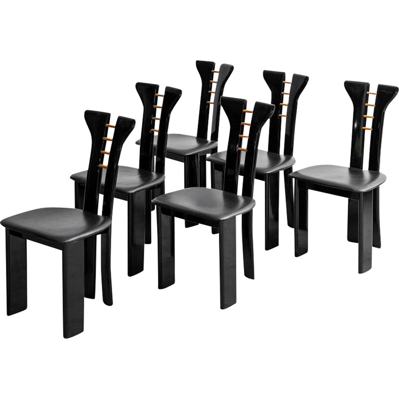Set of 6 vintage chairs in black lacquered wood by Pierre Cardin for Roche Bobois, 1980