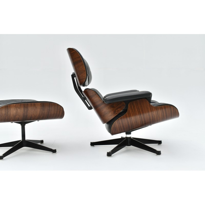 Vintage armchair with ottoman in Brazilian rosewood veneer and black leather by Eames for Fehlbaum, 1960
