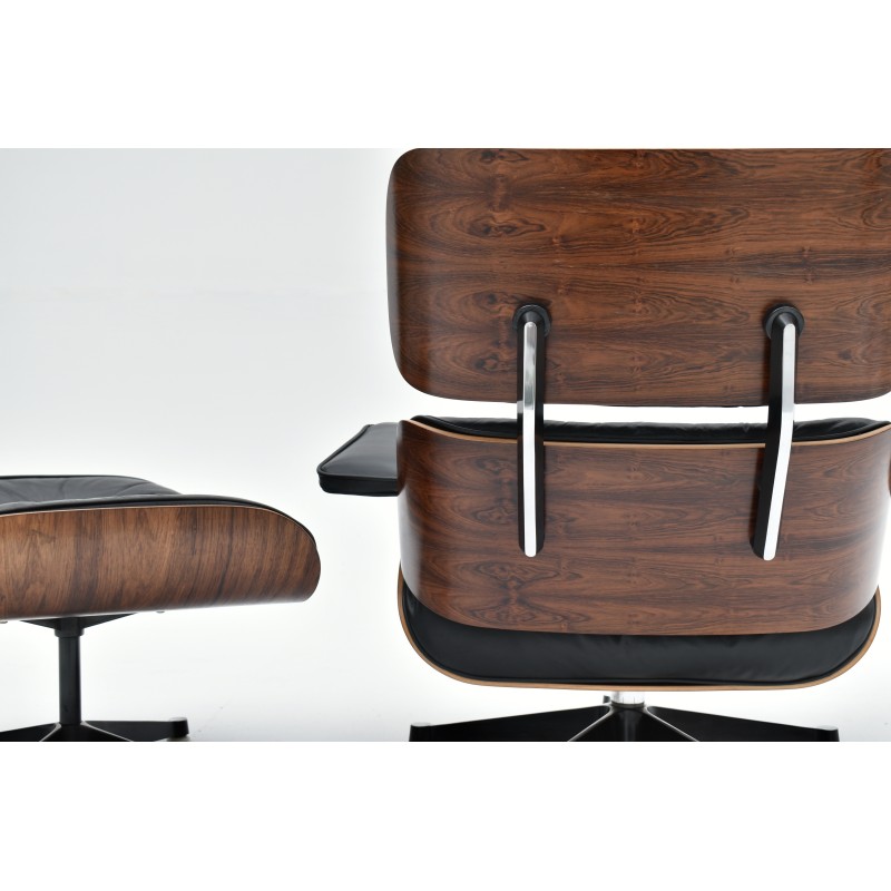 Vintage armchair with ottoman in Brazilian rosewood veneer and black leather by Eames for Fehlbaum, 1960