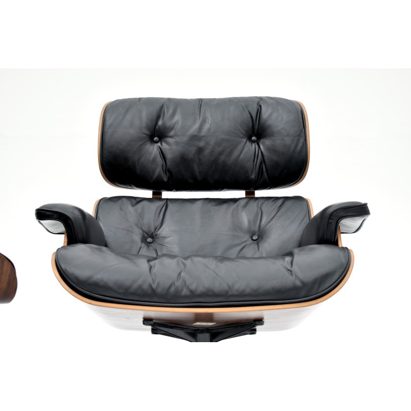 Vintage armchair with ottoman in Brazilian rosewood veneer and black leather by Eames for Fehlbaum, 1960