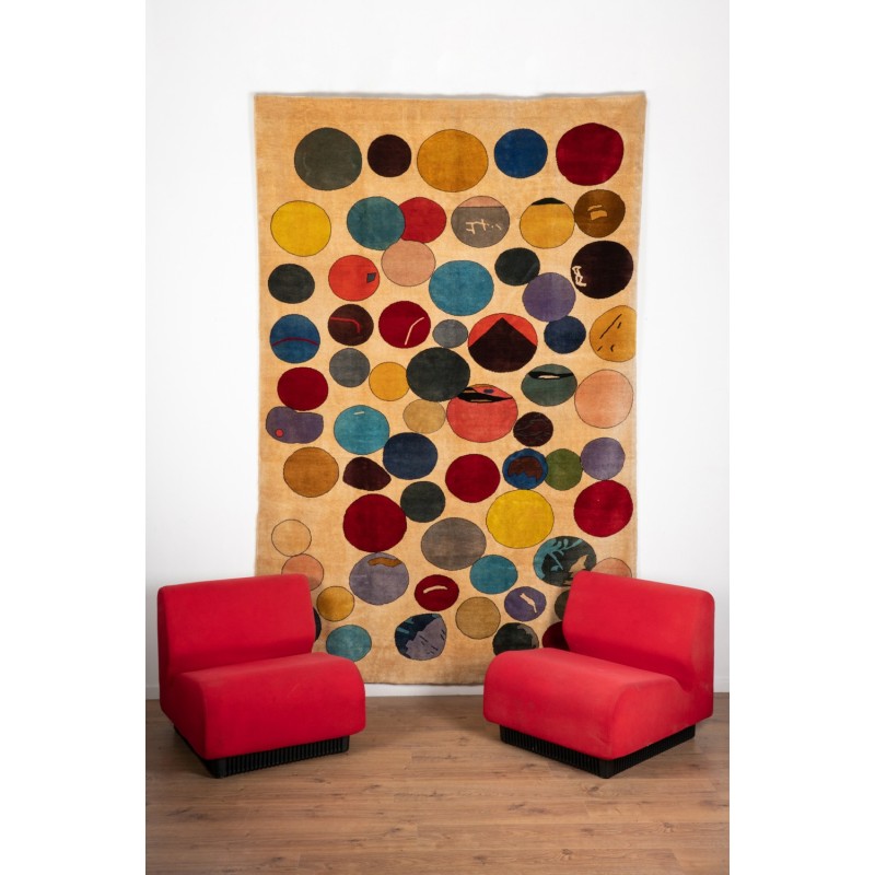 Vintage merino wool rug depicting colorful circles