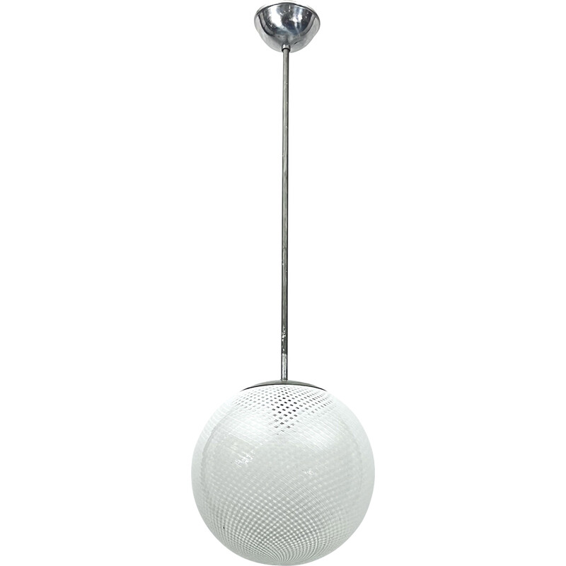 Vintage sphere pendant lamp in Murano glass and metal by Venini Reticello, Italy 1950