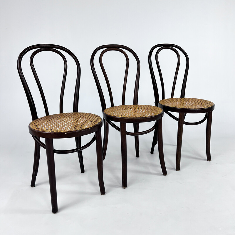 Chaises de café vintage en bois courbé et osier, 1970