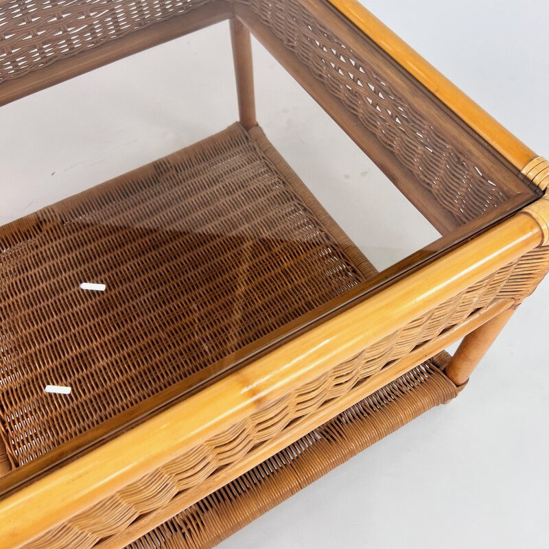 Vintage bamboo and rattan side table with smoked glass top, 1970