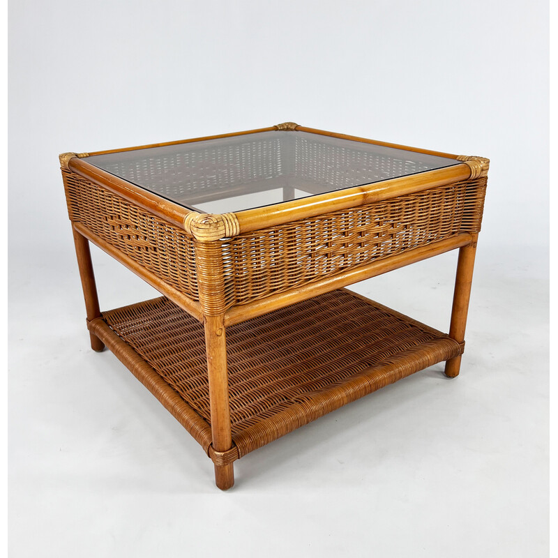 Table d'appoint vintage en bambou et rotin avec plateau en verre fumé, 1970