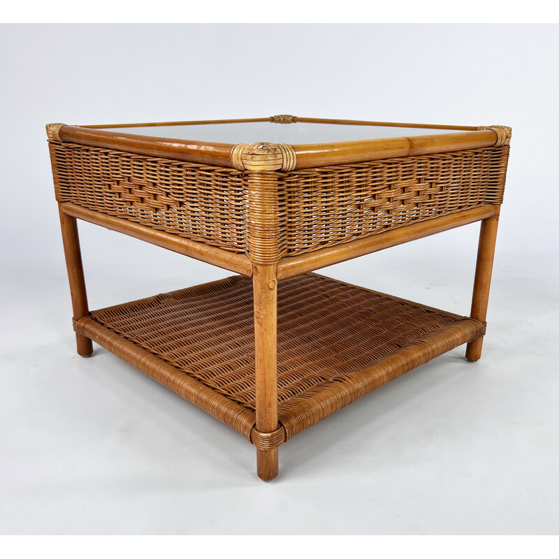 Vintage bamboo and rattan side table with smoked glass top, 1970