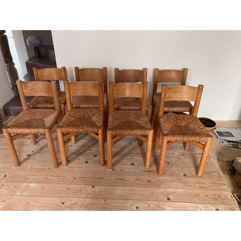 Lot de 8 chaises vintage Meribel en bois par Charlotte Perriand pour Stéph Simon, 1970