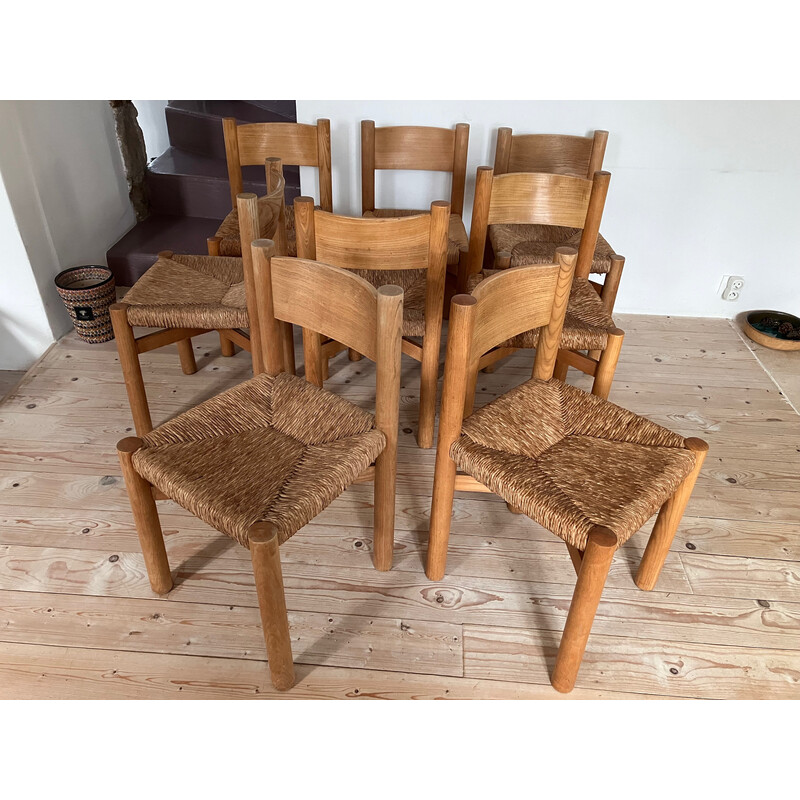 Lot de 8 chaises vintage Meribel en bois par Charlotte Perriand pour Stéph Simon, 1970