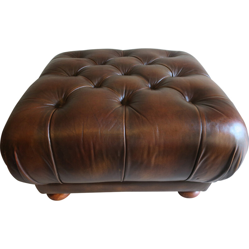 Vintage pouf or ottoman in brown tufted leather for Chesterfield